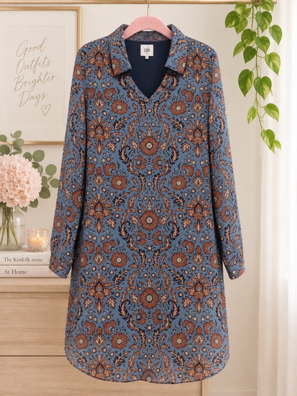 Cabi Floral Tunic Top Size L Fully Lined Sheer Sleeves Boho Print